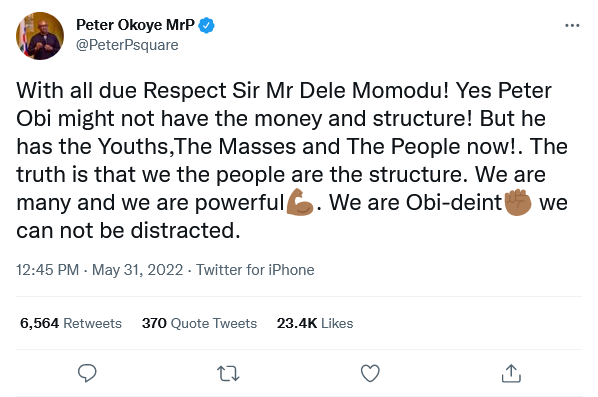 Mr P Of P-Square Drums Support For Peter Obi 2