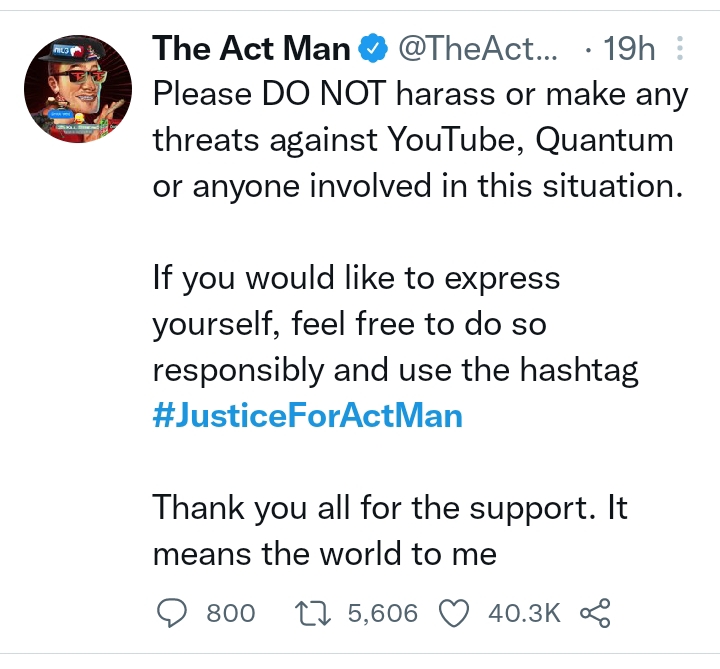 #Justiceforactman: Youtube Under Fire For Suspending Popular Creator Channel Over The Quantum Tv Debacle 2