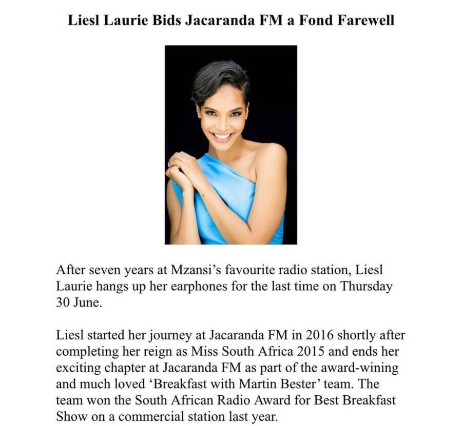 Liesl Laurie-Mthombeni Exits Jacaranda Fm Today 2