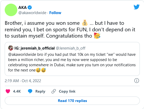 Aka Loses R10K Wager, Clarify To Fan When He Bets On Sports 2