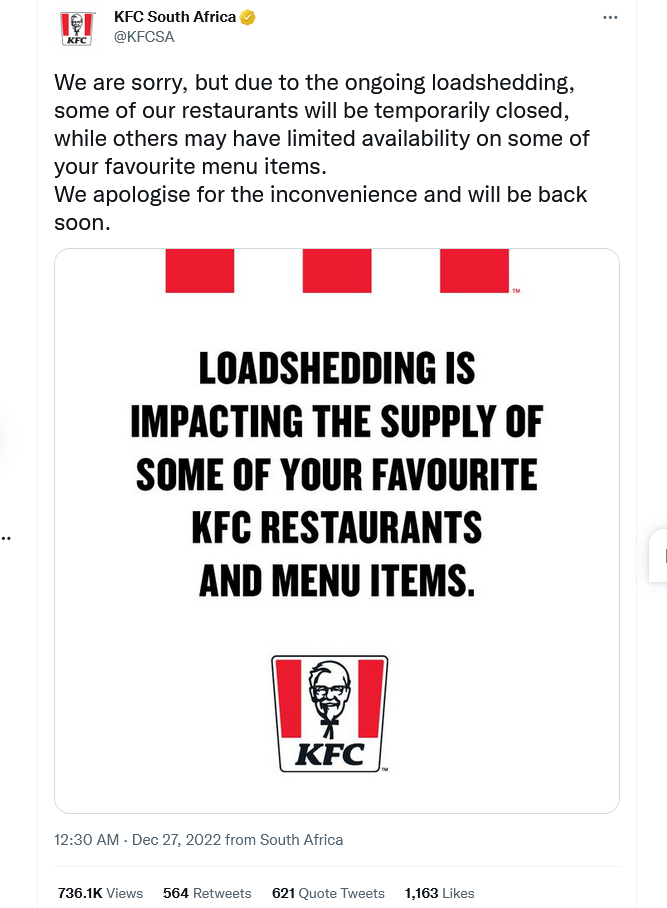 Mass Assassination Of Chickens, Load Shedding Force Kfc To Shut Down 70 Outlets In Pretoria And Kwazulu-Natal 2