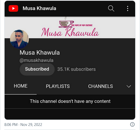 Fans Ponder As Musa Khawula’s Youtube Channel Is Suspected Suspended 3
