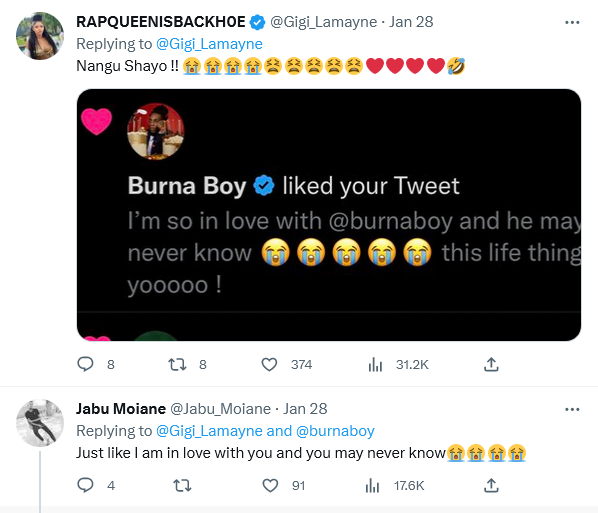 Burna Boy Reacts As Gigi Lamayne Affirms Her Love For Him 3