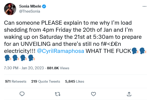 Actress Sonia Mbele Charges At President Ramaphosa About Overnight Loadshedding 2