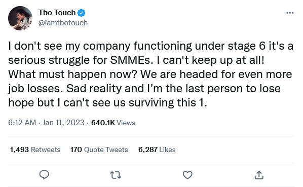 Stage 6 Load Shedding: Tbo Touch Shares The Woes His Business Is Experiencing 2