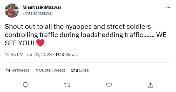 Ntsiki Mazwai Shouts Out The Homeless People Directing Traffic Amid Loadshedding 2