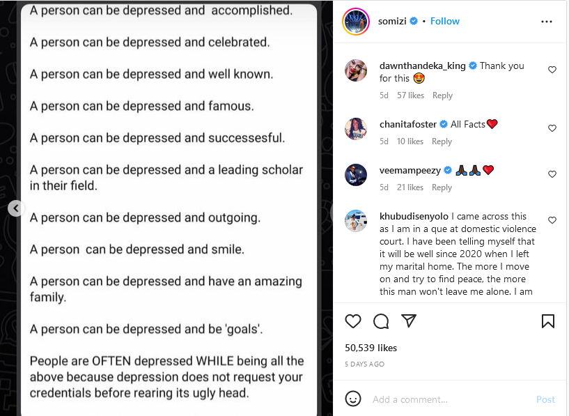 Somizi’s Mental Health Post Has Fans Sharing Their Battles With Depression 3