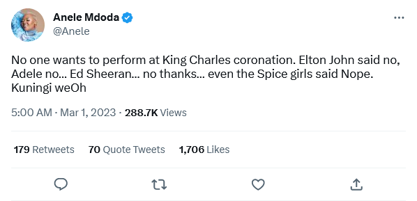 Anele Mdoda On British Stars Declining To Perform At King Charles’ Coronation 2