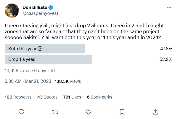 Cassper Nyovest Shares Poll, Says He Might Drop Two Albums This Year - Vote Here 3