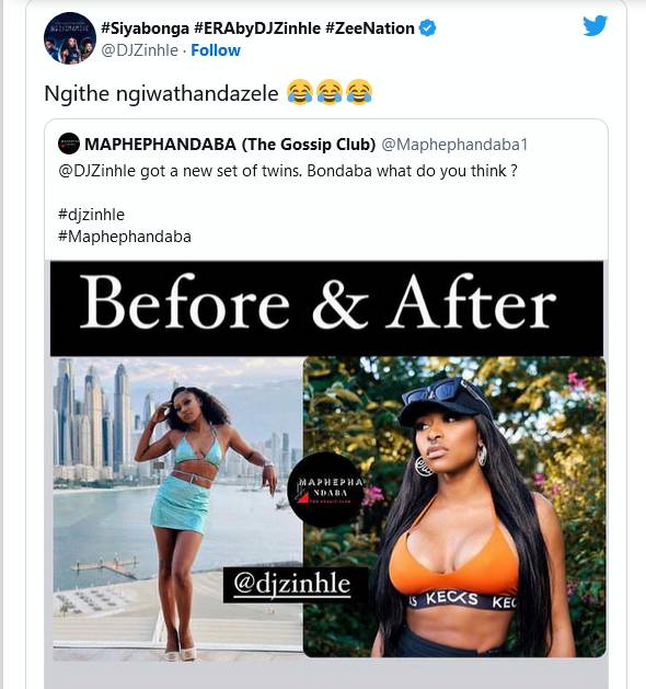 Dj Zinhle Reacts To Claims She Did A Boob Job 2