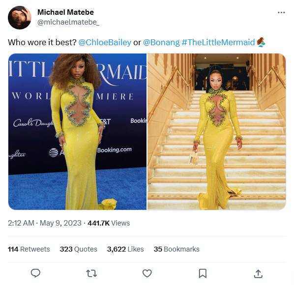 Mzamsi Makes Comparison After Chloe Bailey Rocks Dress Similar To What Bonang Had Worn Earlier 2
