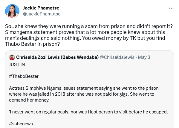 Jackie Phamotse Raises Valid Points Over Simphiwe Ngema'S Visit To Thabo Bester In Prison 1