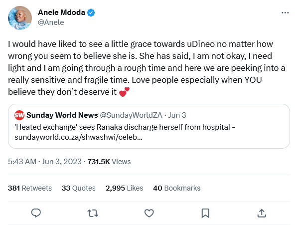 Anele Mdoda Calls For Understanding After Dineo Ranaka Checks Herself Out Of Mental Clinic 2