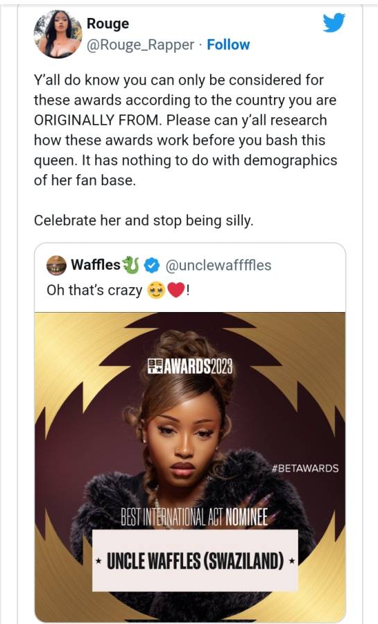 Bet Awards Nomination: Rouge Defends Uncle Waffles Following Outrage Over Her Repping Eswatini 2