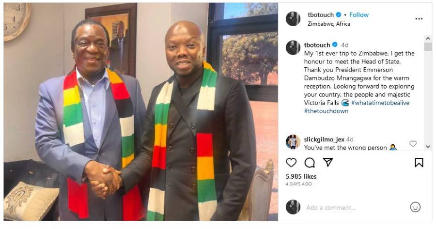 Peeps Unimpressed As Tbo Touch Takes Picture With Zimbabwe President Emmerson Mnangagwa 2