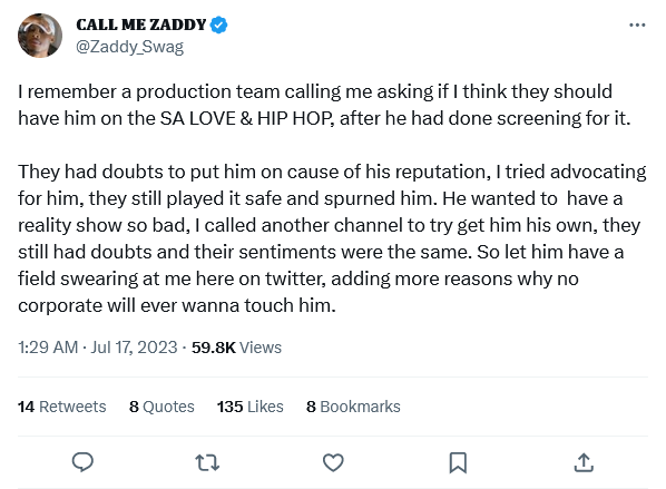 Zaddy Swag On Why Emtee Wasn'T Included In The Love &Amp; Hip Hop Sa Cast 2