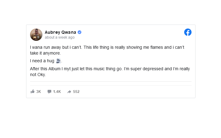 Aubrey Qwana Admits To Suffering From Depression, Needs A Hug 2