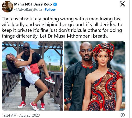 Reactions As Netizen Warns Dr Musa Mthombeni To Stop Loving His Wife Liesl In Public 3