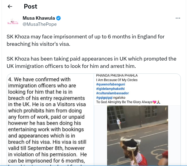 Sk Khoza Reportedly Breaches Immigration Law In The Uk, Risks 6 Months Imprisonment 2