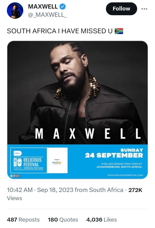 Maxwell Has Confirmed 10Th Dstv Delicious Festival Performance 2
