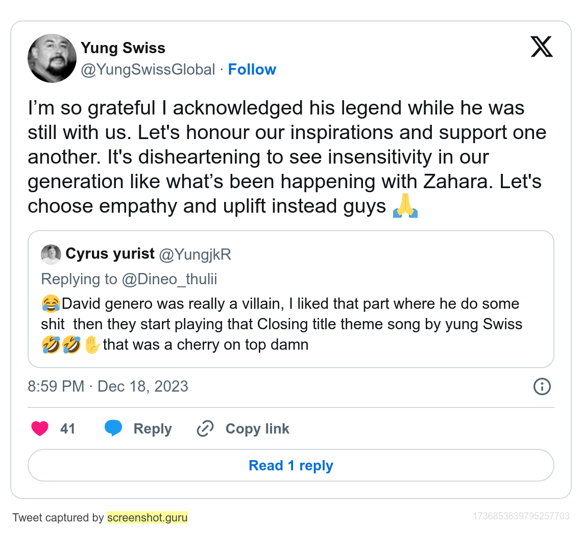 Wise Words From Yung Swiss Following Zahara'S Death 1