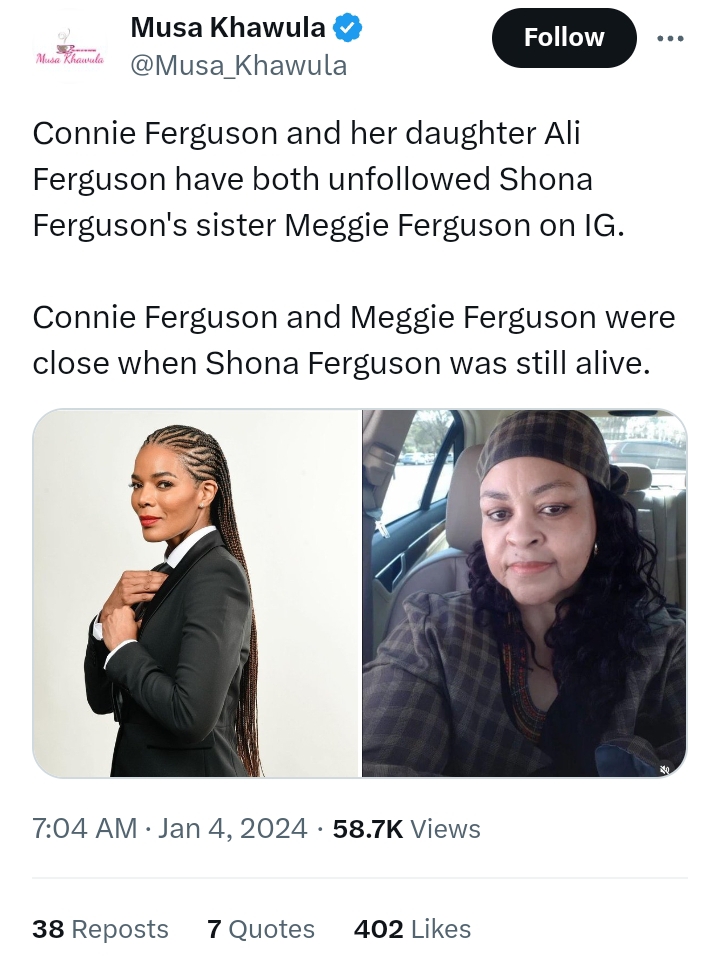 Connie And Alicia Ferguson Unfollow Shona'S Sister On Instagram 2