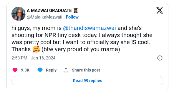 Proud Malaika Gushes Over Mother Thandiswa Mazwai Ahead Of Tiny Desk Performance 1