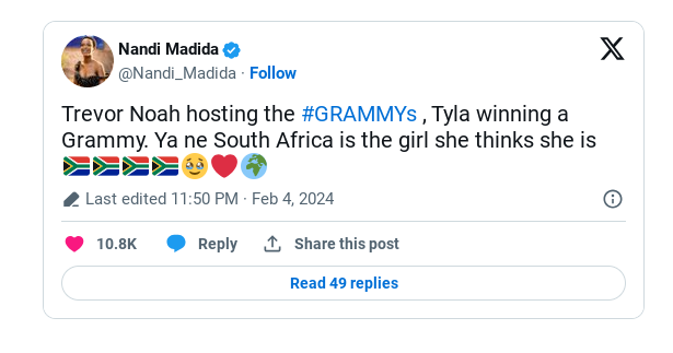 66Th Annual Grammy Awards: Nandi Madida Celebrates Taylor Noah &Amp; Tyla'S Success 2