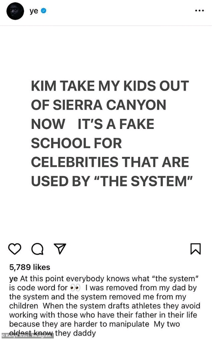 Kanye Calls Kim Kardashian Out For Enrolling Their Kids In A School Used By The System 1