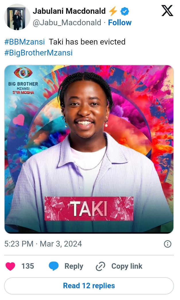 Taki Has Been Evicted From The 'Big Brother Mzansi' House 2