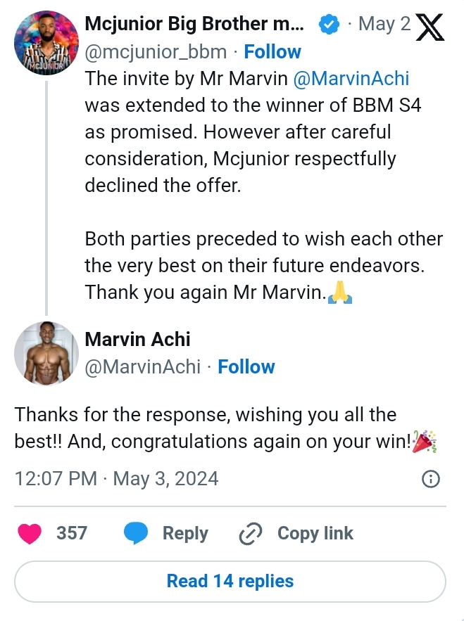 ‘Bb Mzansi’ Winner Mcjunior Rejects Offer From Former Housemate Marvin Achi 2