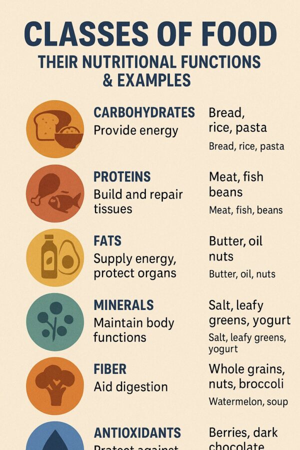 Classes Of Food, Their Nutritional Functions & Examples Classes Of Food, Their Nutritional Functions & Examples