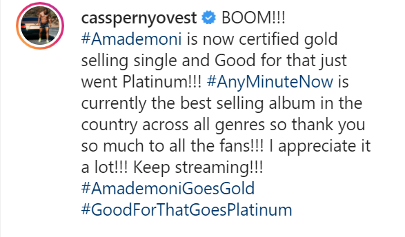 Cassper’s Songs “Amademoni” And “Good For That” Certified Gold &Amp; Platinum 4